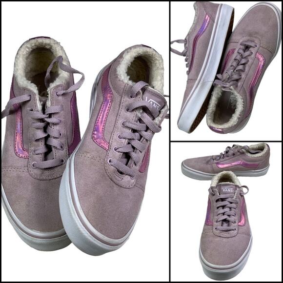Vans Pink Suede Old Skool Sherpa Lined Sneakers Holographic Stripe US Missy 5.0 - Picture 8 of 12